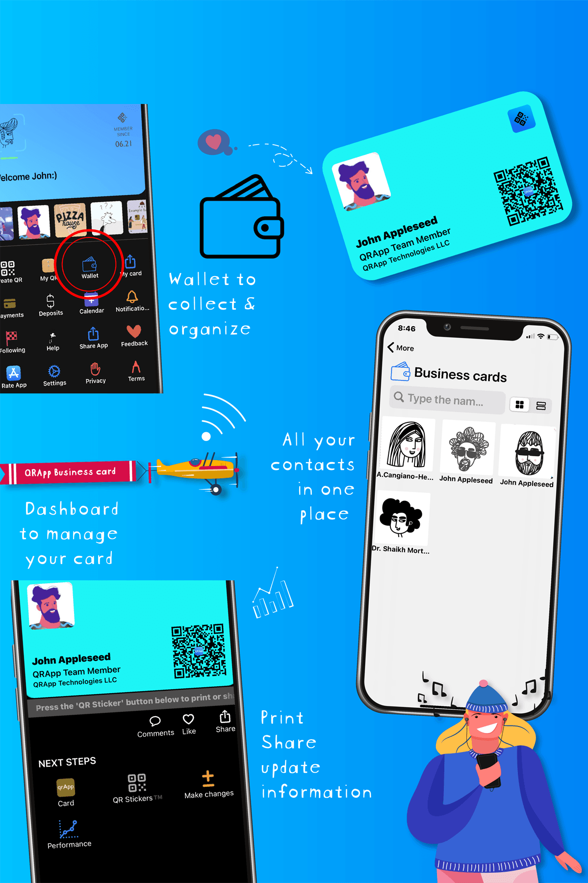 Free digital business card with dynamic scannable qr-code. QRApp business card are high quality and beautifully designed modern business card. Keep it in your phone.Share it with others by scanning, via text, email. Print out high quality business card. Make your own. Free. 