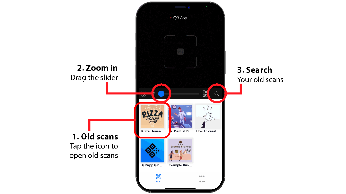 QRApp scanner showing the slider to zoom into qr-codes from a distance. Search button to quickly search your scans. Tap the flashlight button for light. Your scans are saved with a qr icon (thumbnail). Tap the icon to open your saved qr-code again.